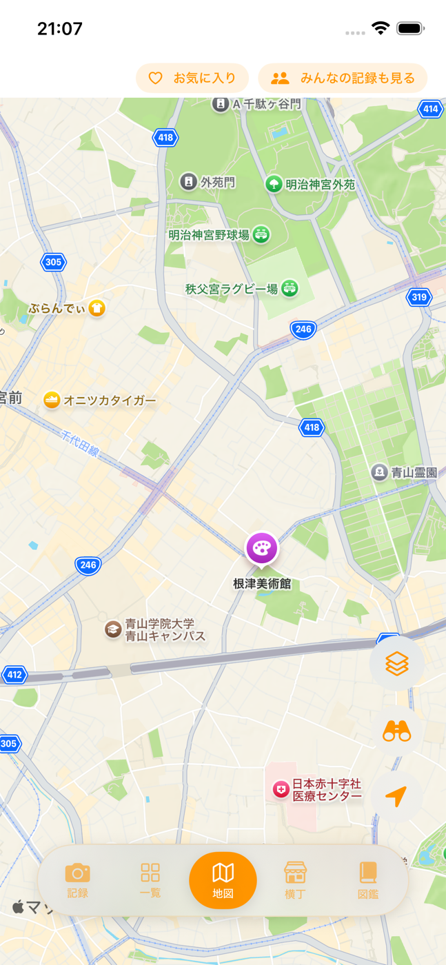 タテモンAIの地図画面。記録した建物が地図上にピン表示される